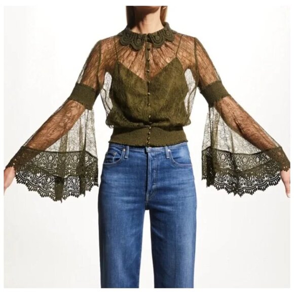 Alice + Olivia Tops - Alice + Olivia Millie Bell-Sleeve Crochet Collared Top